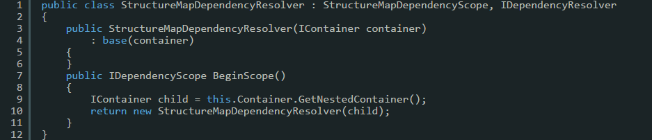 Code snippet showing how to implement the needed interfaces using StructureMap as container